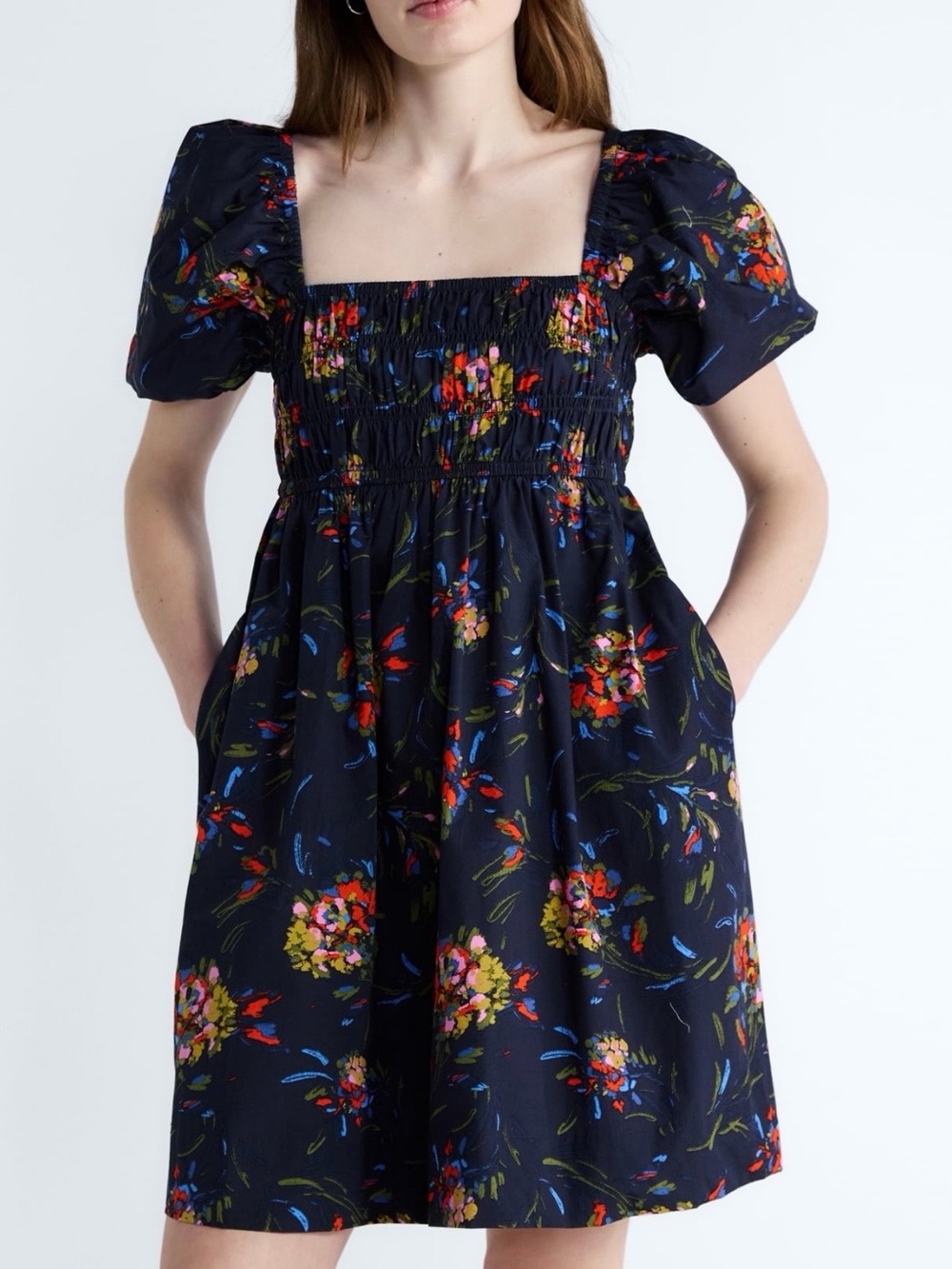 Free Assembly Puff Sleeve Peasant Smocked Square-Neck Mini Dress XS